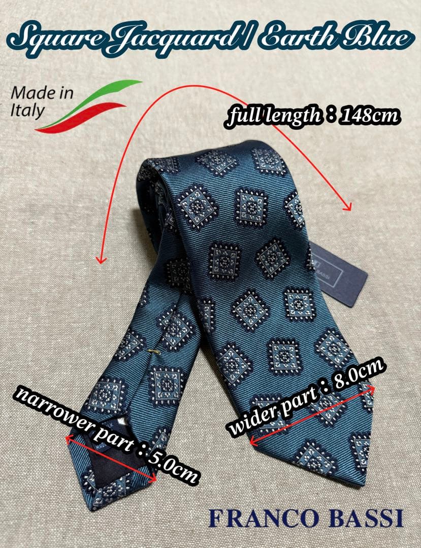 【新品】FRANCO BASSI／ジャガードタイ／スクエアモチーフ／アースブルー