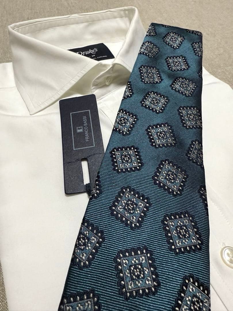 【新品】FRANCO BASSI／ジャガードタイ／スクエアモチーフ／アースブルー