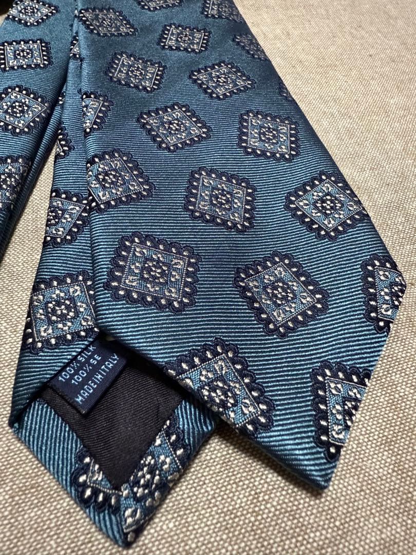 【新品】FRANCO BASSI／ジャガードタイ／スクエアモチーフ／アースブルー