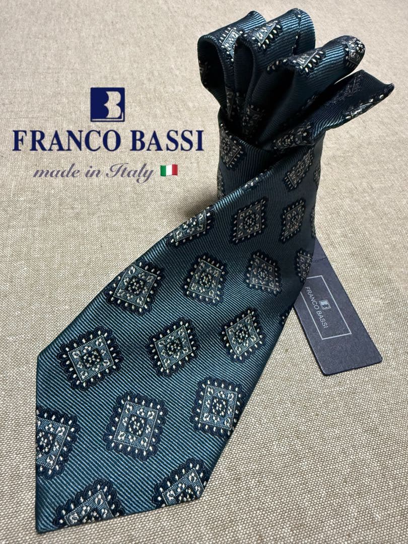 【新品】FRANCO BASSI／ジャガードタイ／スクエアモチーフ／アースブルー