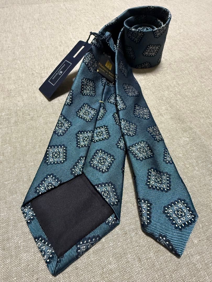 【新品】FRANCO BASSI／ジャガードタイ／スクエアモチーフ／アースブルー