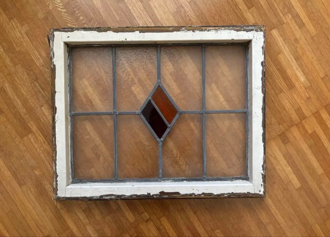【最終価格】ステンドグラス ダイヤモンド型　窓枠 アンティーク　シャビーシック