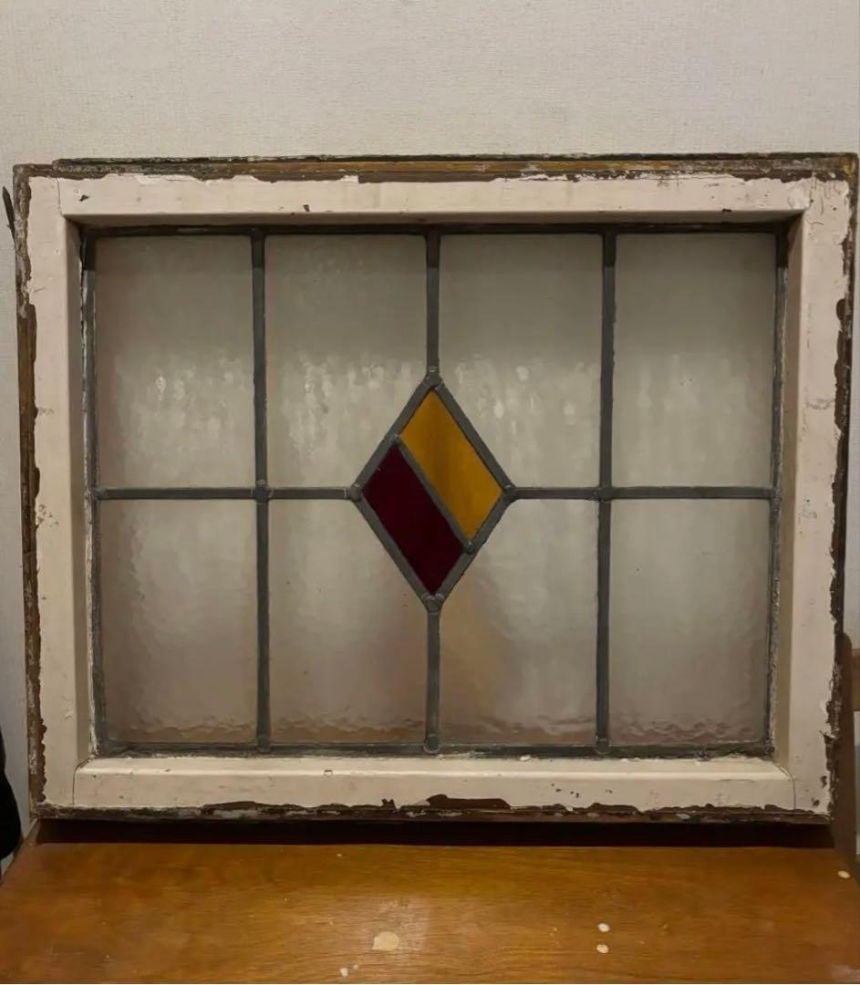 【最終価格】ステンドグラス ダイヤモンド型　窓枠 アンティーク　シャビーシック
