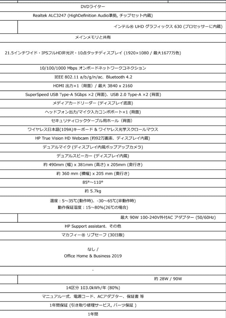 Windowsデスクトップ HP All-in-One 22-df0104jp PC
