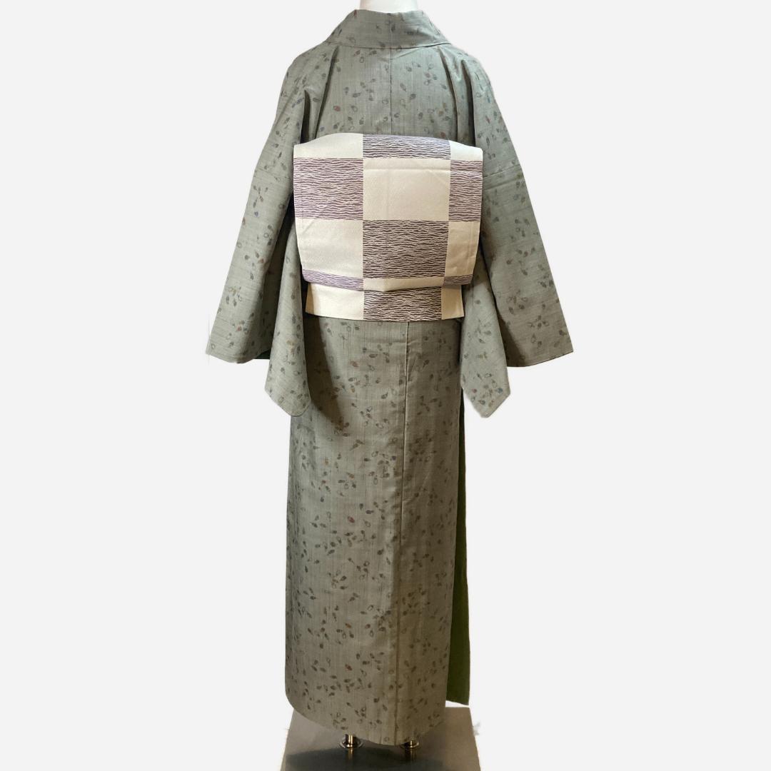 紬　茄子柄　裄68.5　身丈160　袷　正絹　真綿