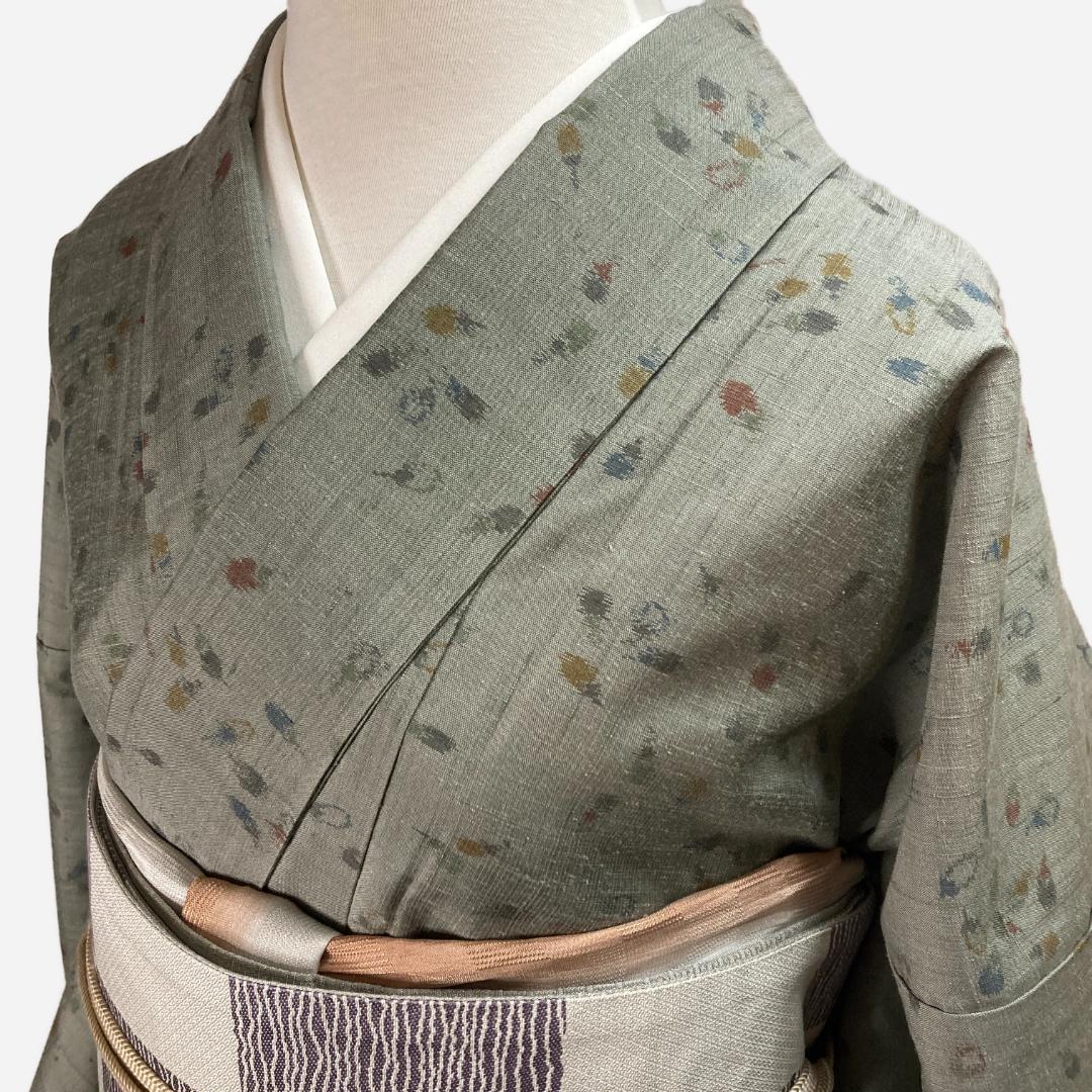 紬　茄子柄　裄68.5　身丈160　袷　正絹　真綿