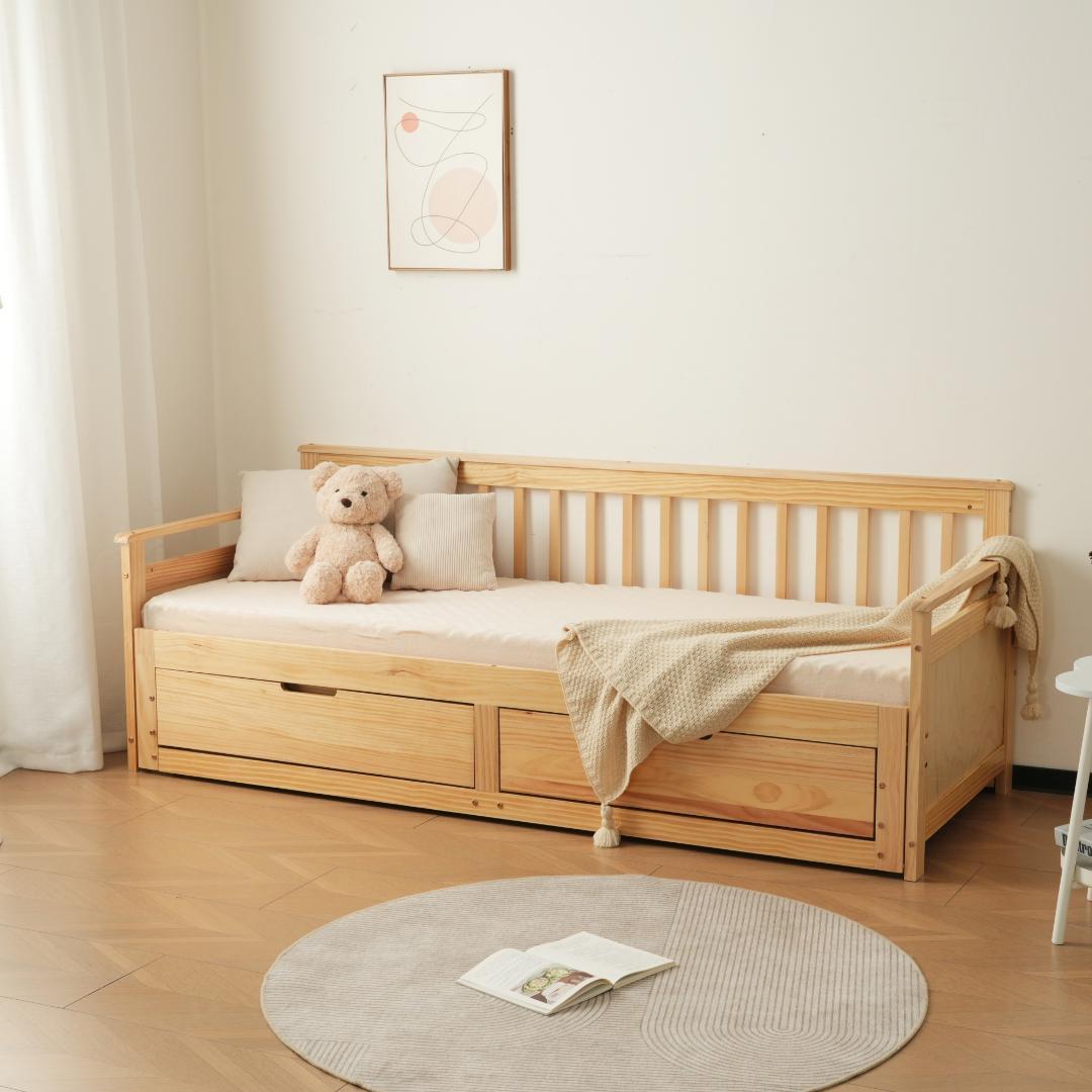 ソファベッド ディベッド 伸長式ベッド 木製 引き出し付き 収納付き 天然木