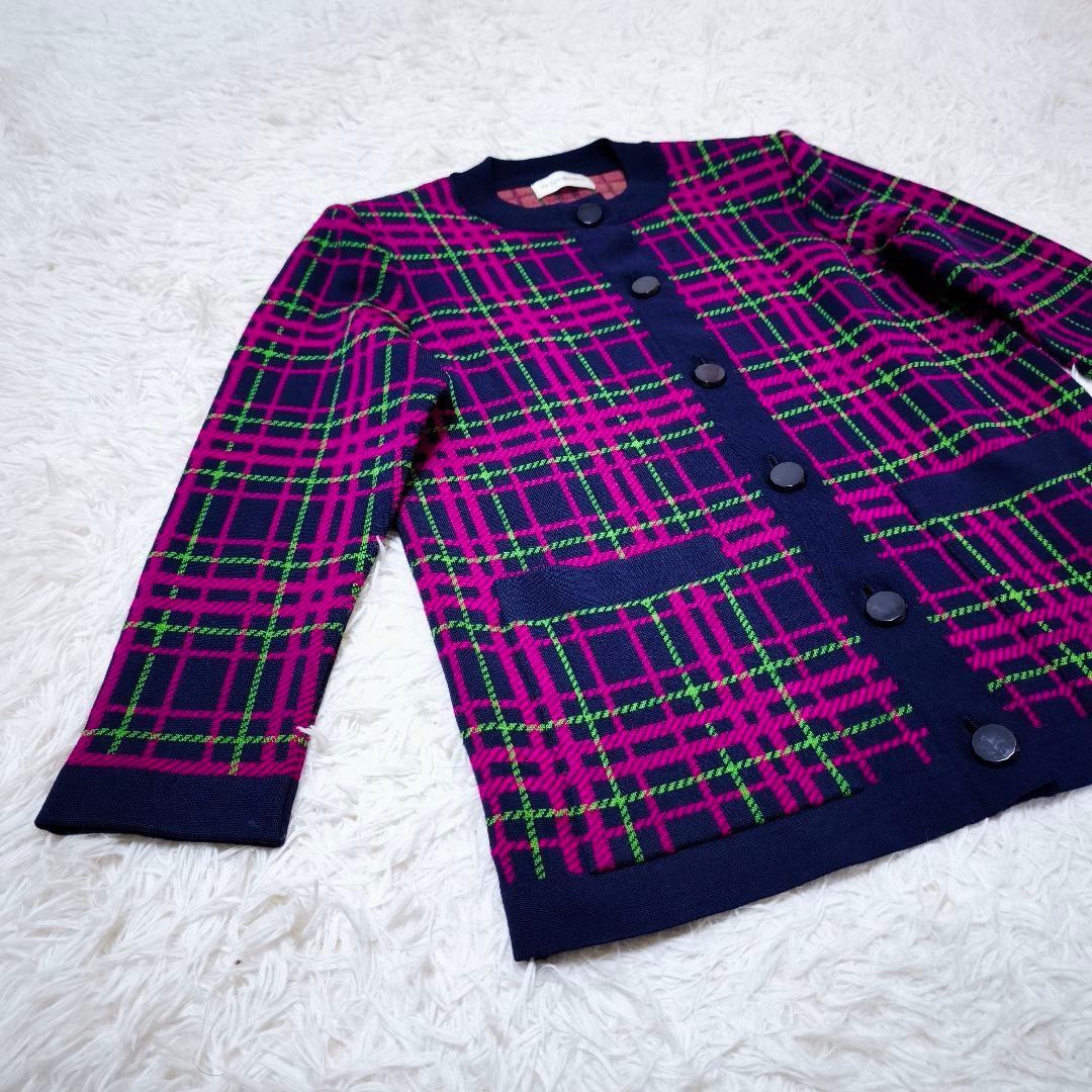 【極美品】イヴサンローラン ネオンチェック トリミングノーカラージャケット M