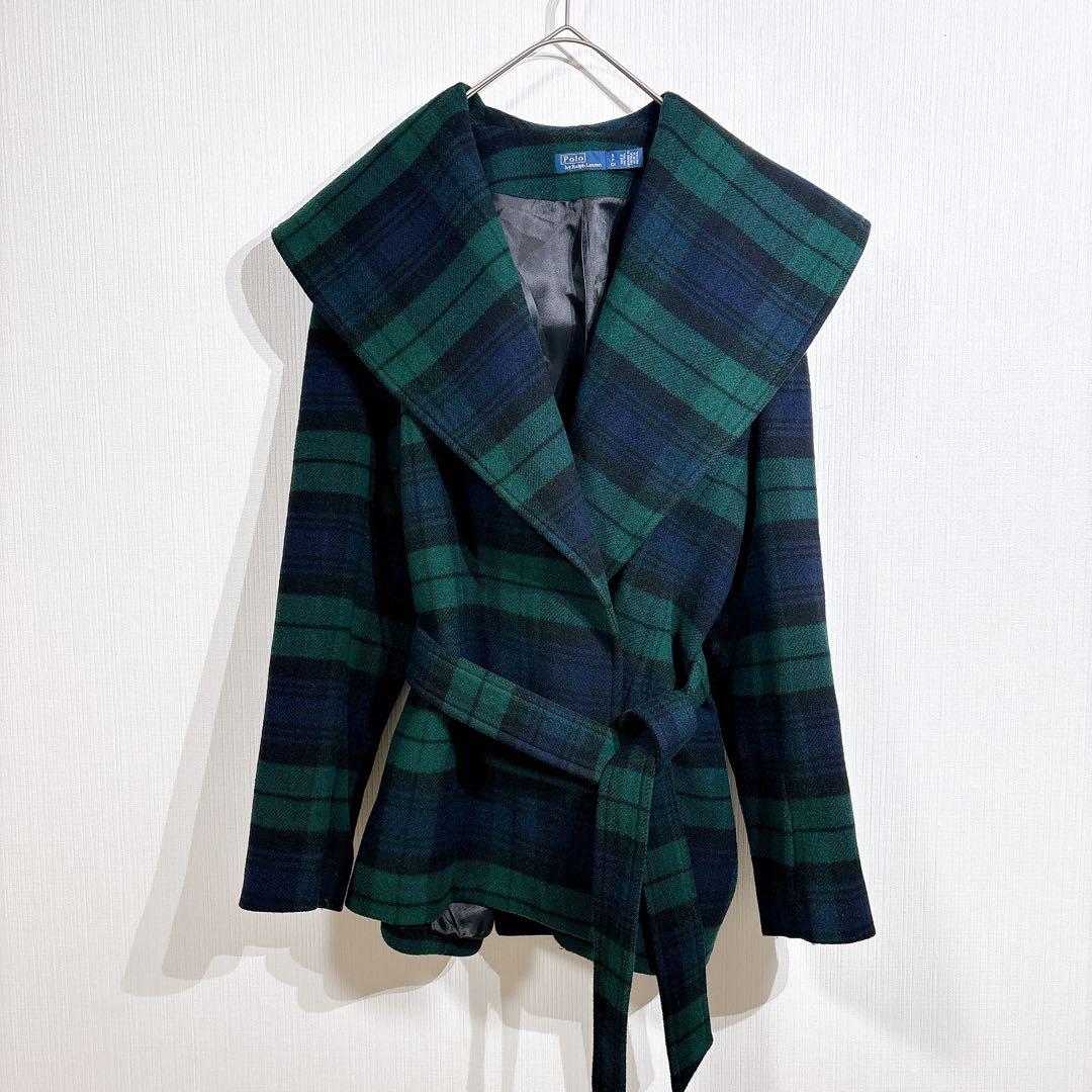 美品◇現行品　ポロラルフローレン　プラッドウールブレンドツイルラップコート