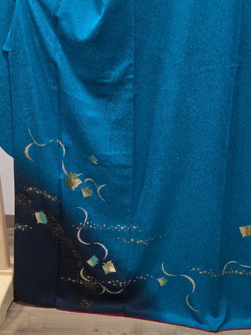 C5◆着物くつろぎ 桜に三日月模様 金銀彩 青緑 袷 正絹 成人式 振袖 着物