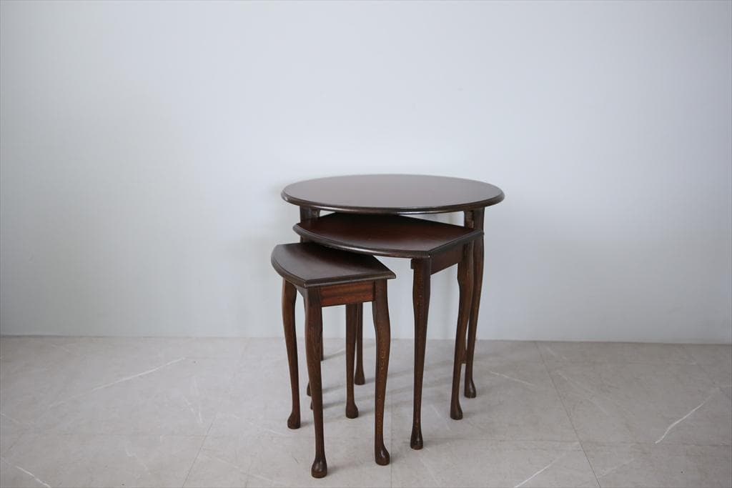 英国アンティーク猫脚ネストテーブル3台/木製机/サイドテーブル(92-238)