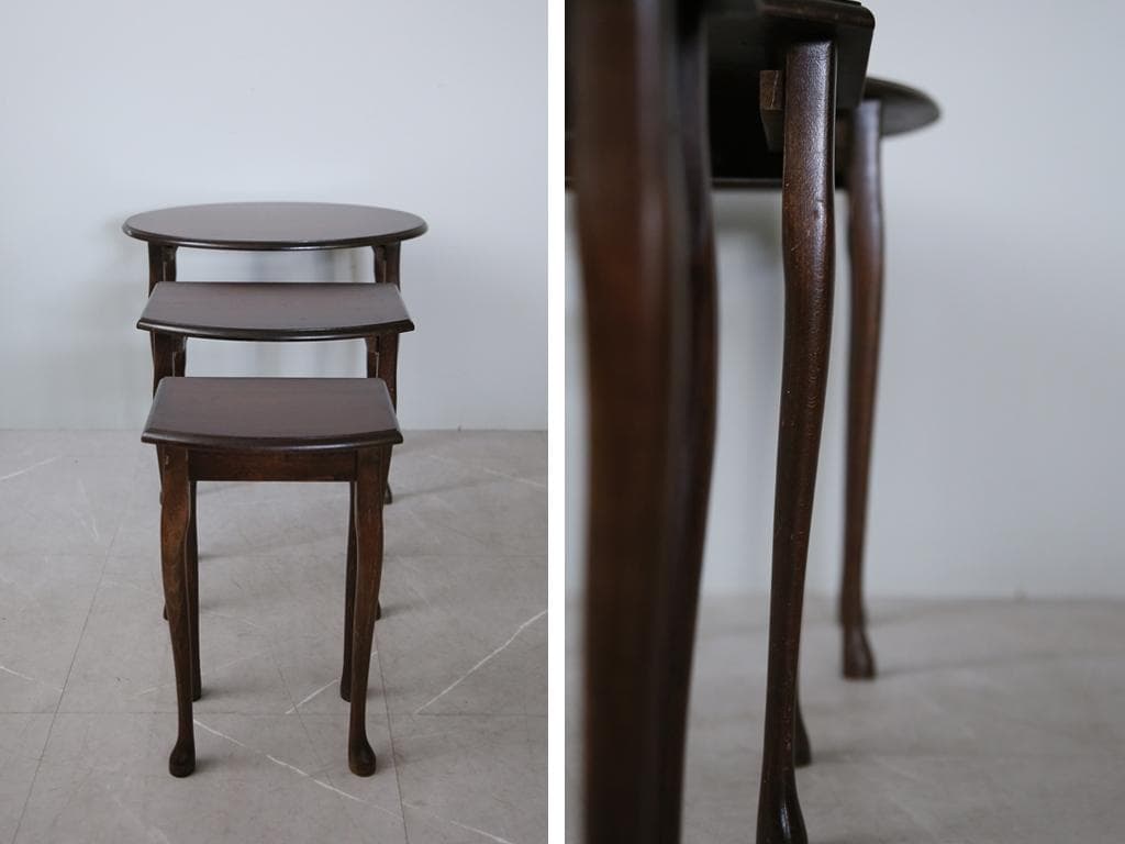 英国アンティーク猫脚ネストテーブル3台/木製机/サイドテーブル(92-238)