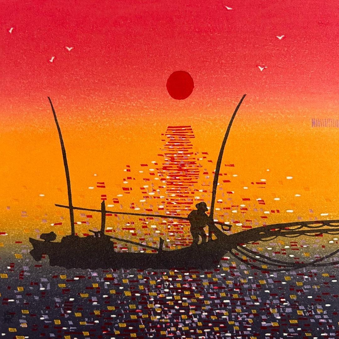 美品 牧野宗則「夜明け」木版画 1989年制作 直筆サイン入り お洒落な額装