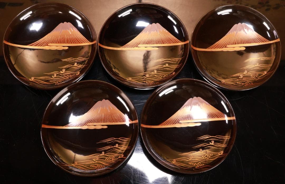 コーヒーじいさん専用　BJ021 時代輪島塗　波に雲上富士図金蒔絵　吸物椀　五客