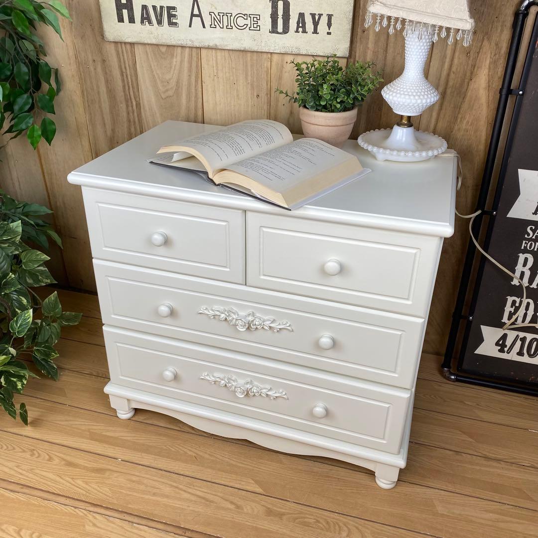 フレンチカントリー北欧調ホワイトチェスト三段四つ引き木製洋タンス収納家具飾り台