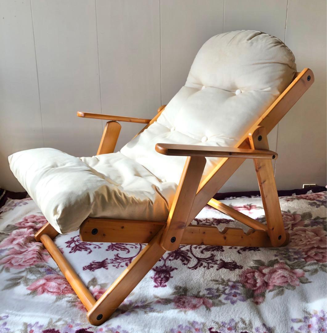 リクライニングアームチェア 木製フレーム 折りたたみチェア デッキチェア