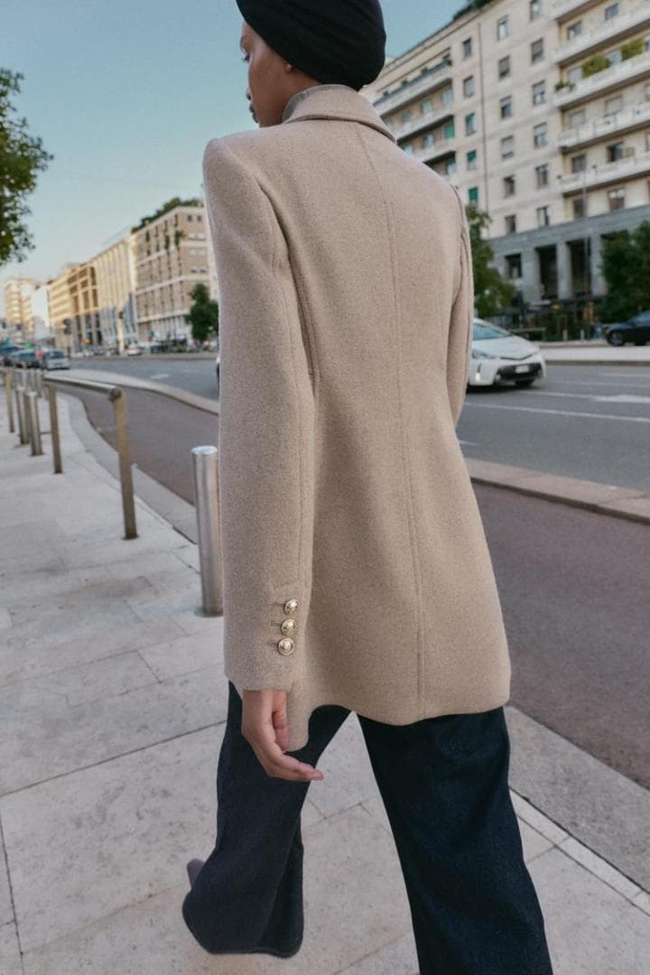 ZARA ウール混紡ショート丈ダブルブレストコート ライトミンク S