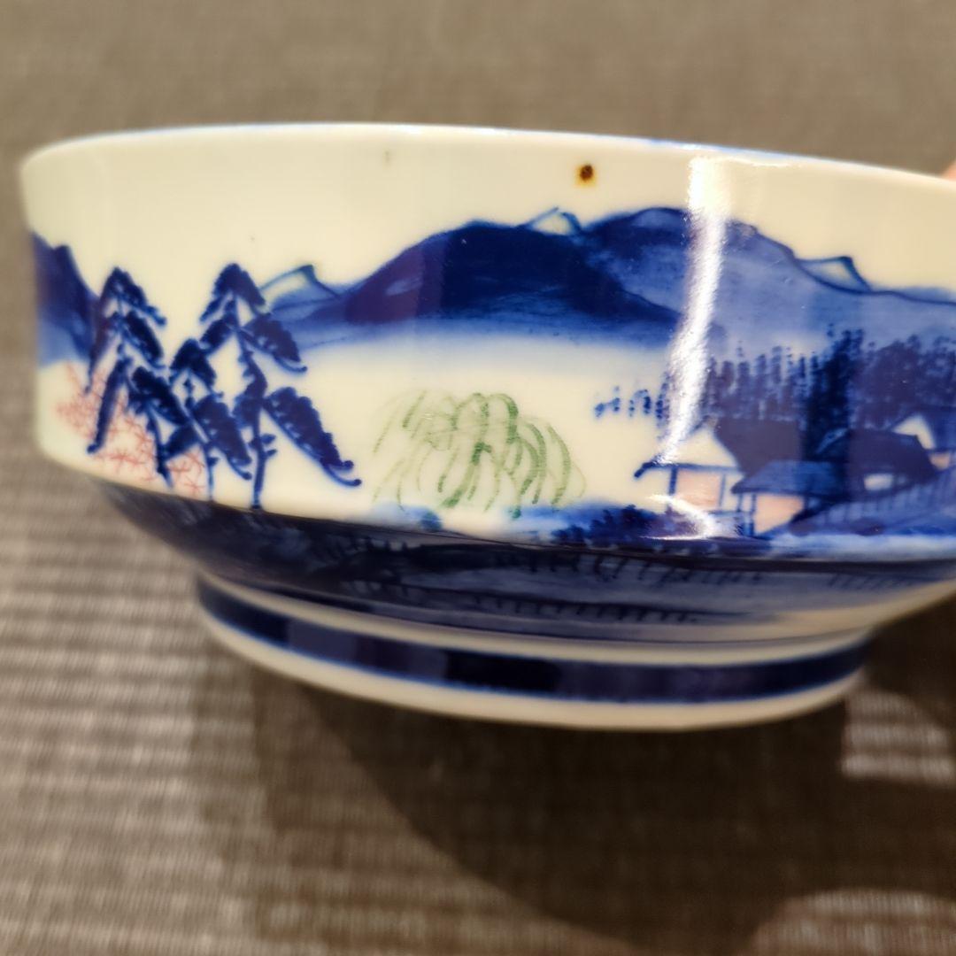 明治期　伊万里「文明開化　蒸気船図」染付鉢