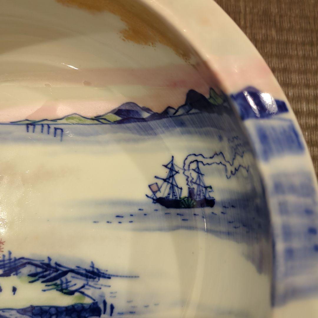 明治期　伊万里「文明開化　蒸気船図」染付鉢