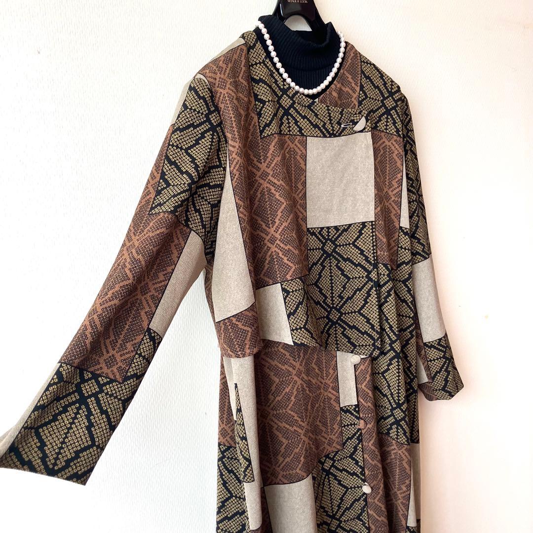 詩仙堂 ちりめんアシメントリーロングコート絞り柄 麻の葉紋様 前開きワンピース