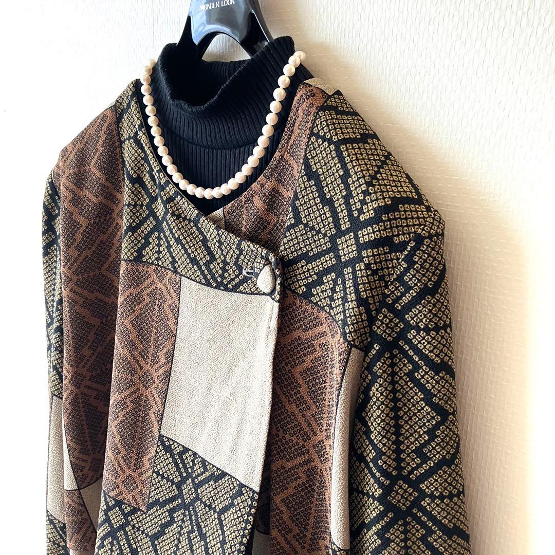 詩仙堂 ちりめんアシメントリーロングコート絞り柄 麻の葉紋様 前開きワンピース