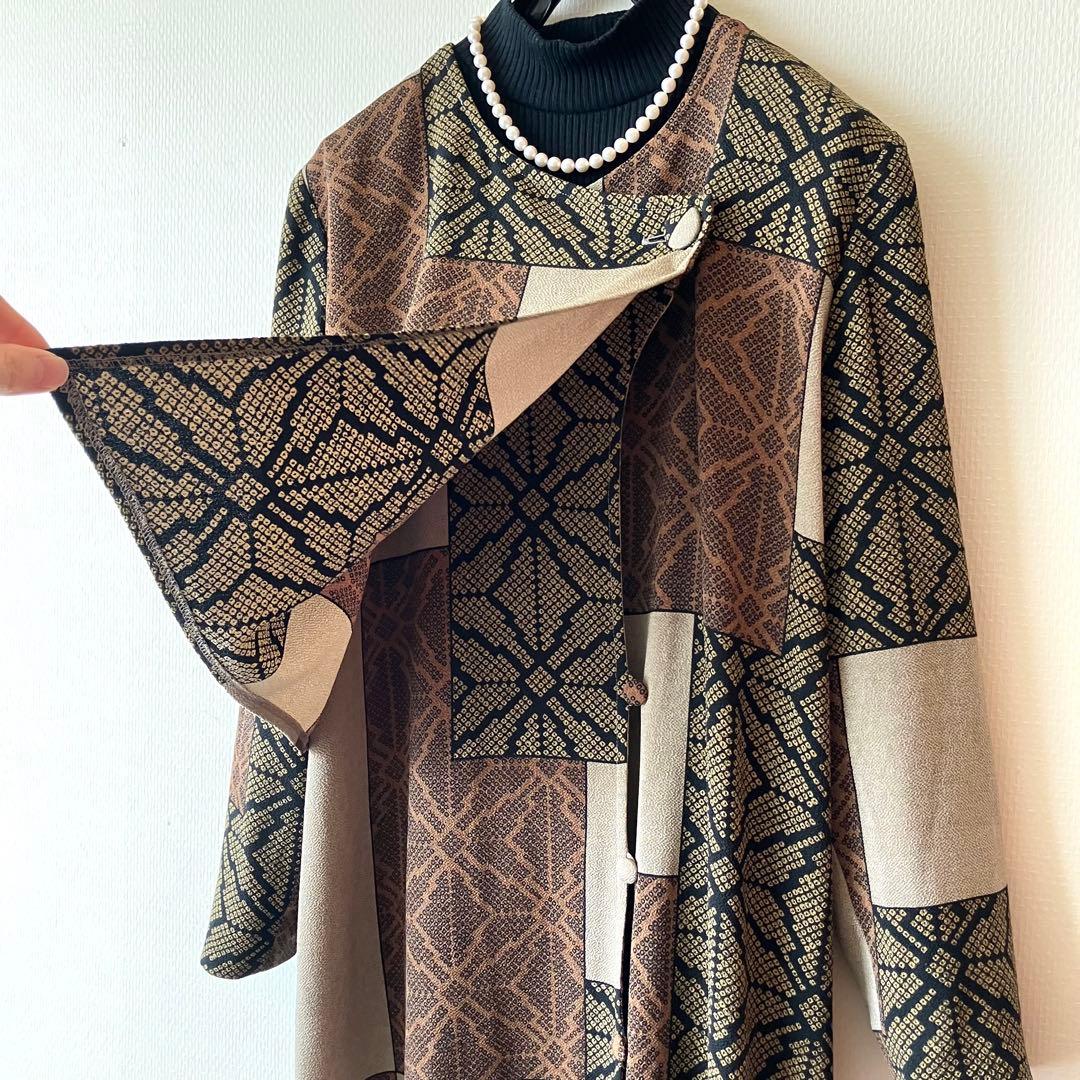 詩仙堂 ちりめんアシメントリーロングコート絞り柄 麻の葉紋様 前開きワンピース