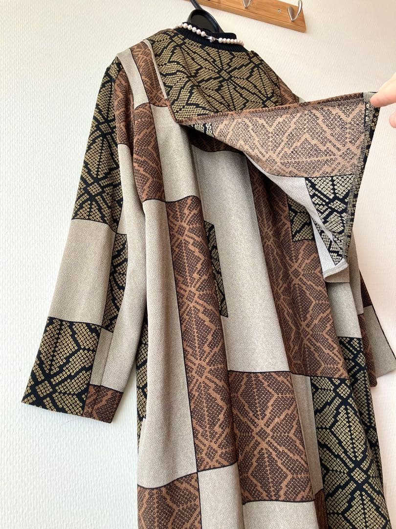 詩仙堂 ちりめんアシメントリーロングコート絞り柄 麻の葉紋様 前開きワンピース