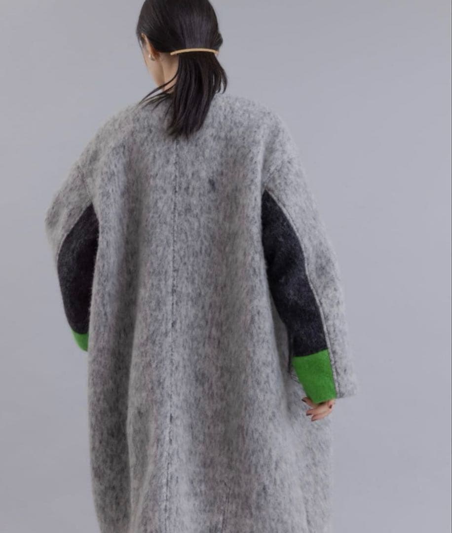 美品＊Eimee Law マーブルシャギーロングコート　ノーカラー　グレー