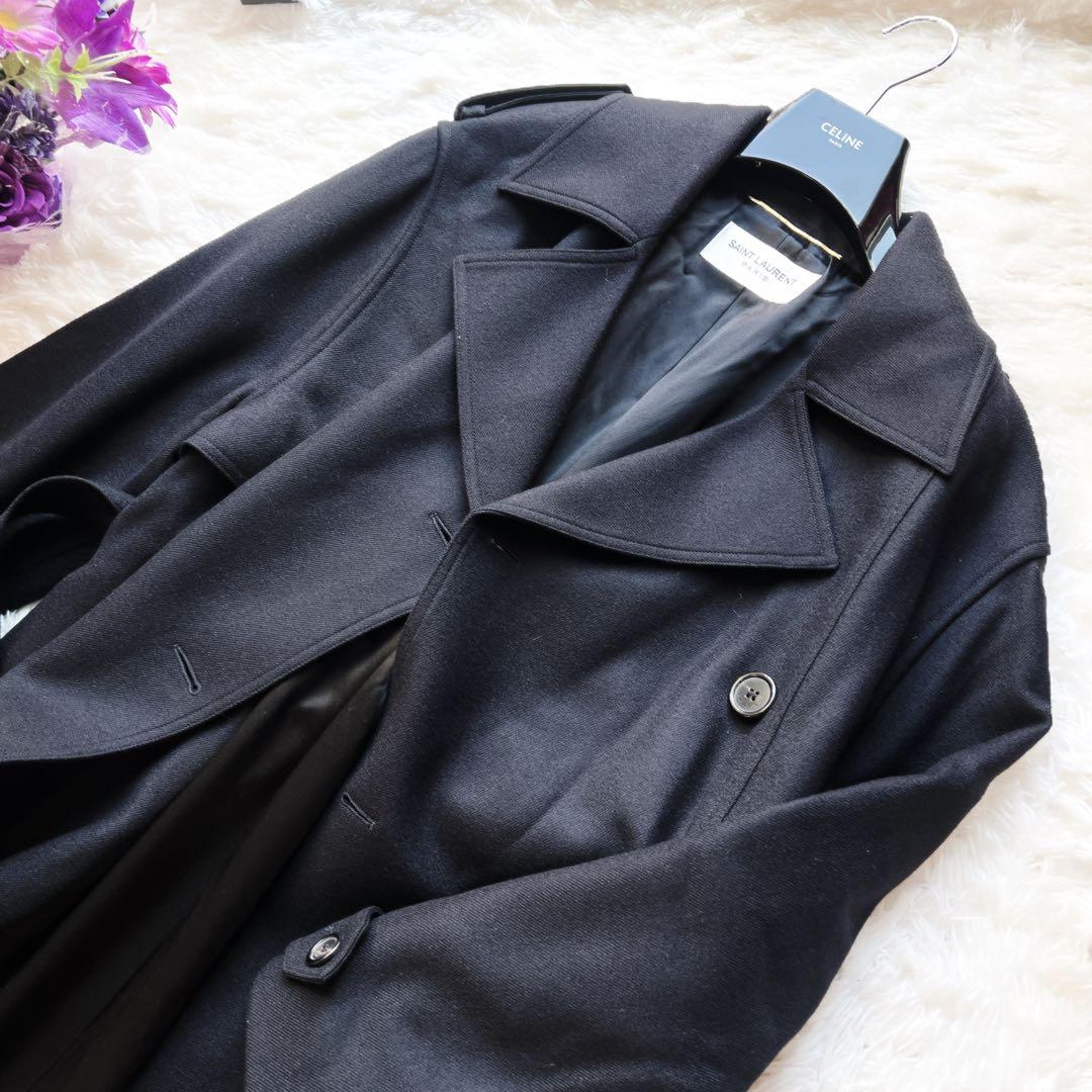 美品　サンローラン パリ カシミアブレンド ロング　トレンチ　コート ブラック