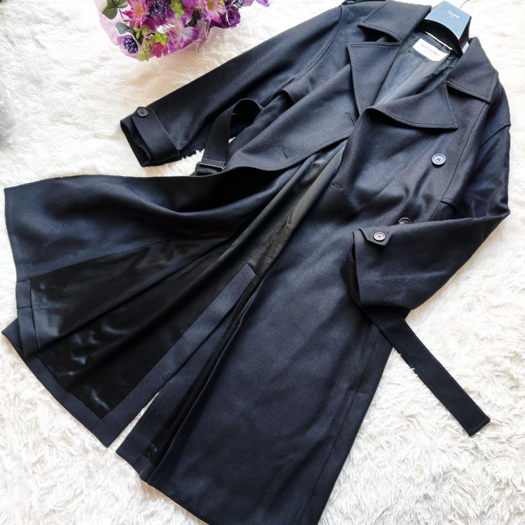 美品　サンローラン パリ カシミアブレンド ロング　トレンチ　コート ブラック