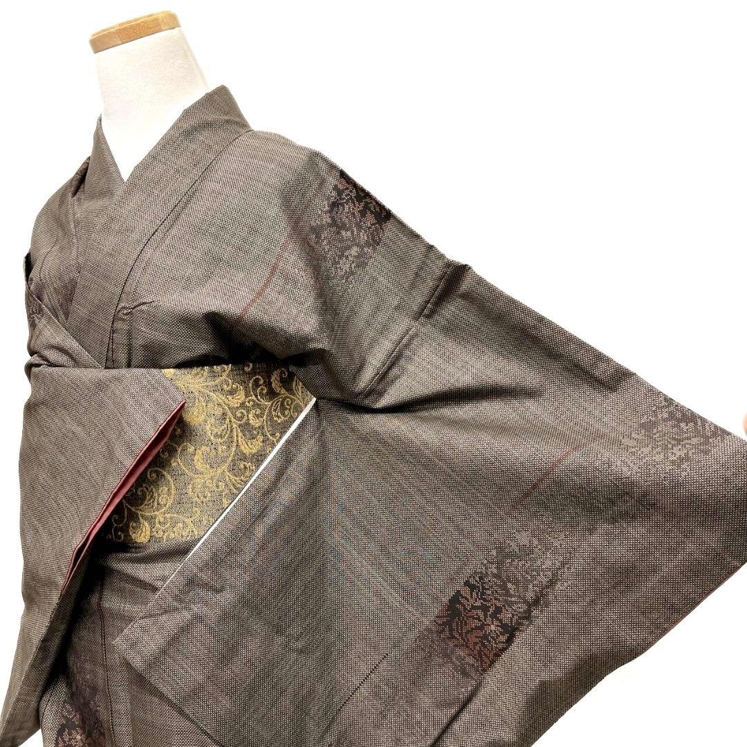 大島紬　小紋　泥染　縦縞模様　花模様　着物　015b p