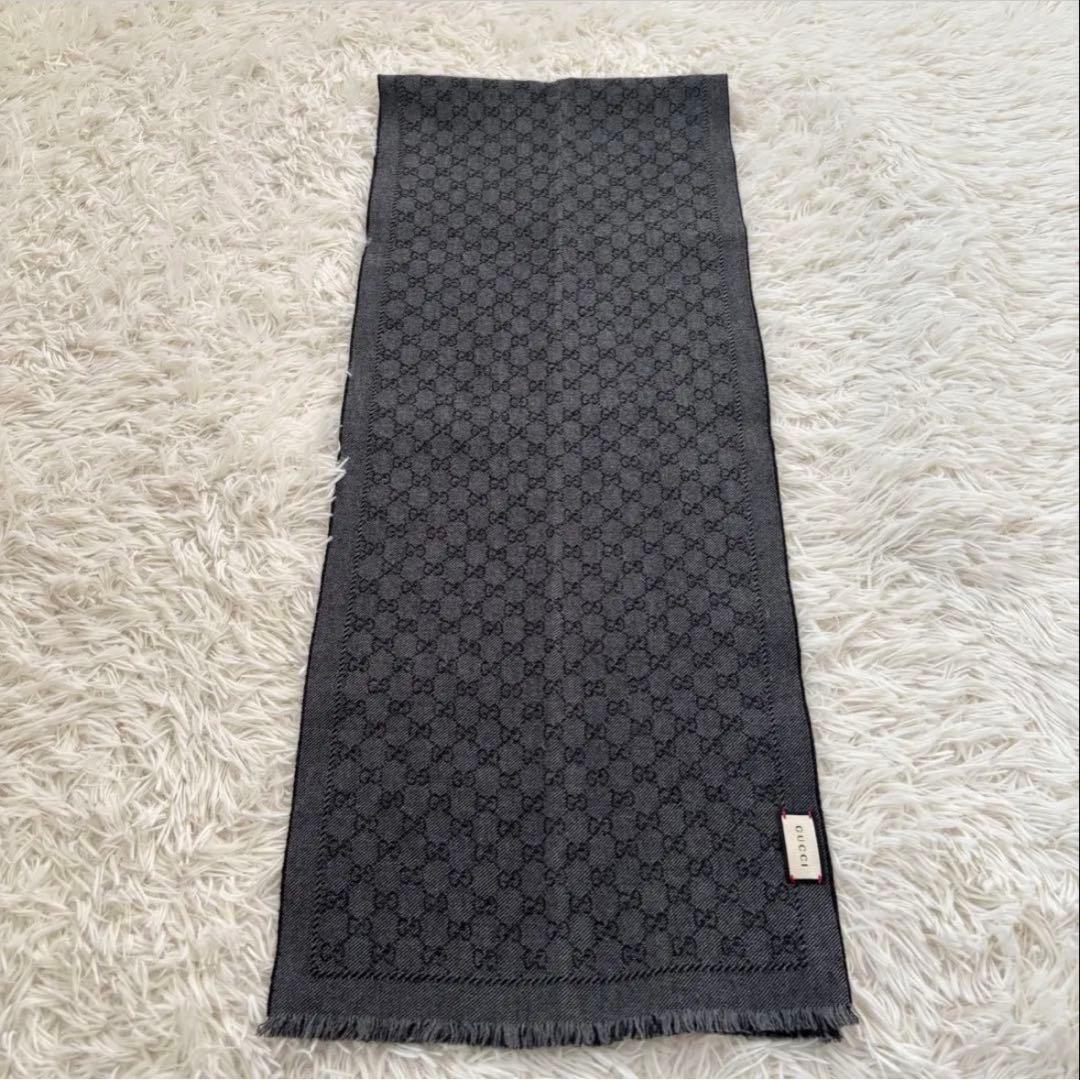 GUCCI グッチ GG リバーシブル ウール マフラー グレー ブラック