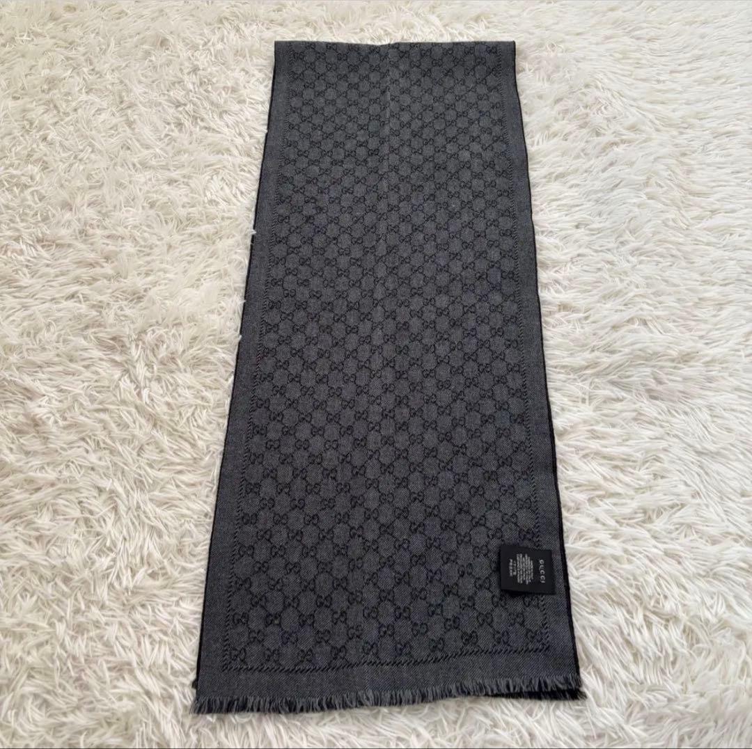 GUCCI グッチ GG リバーシブル ウール マフラー グレー ブラック