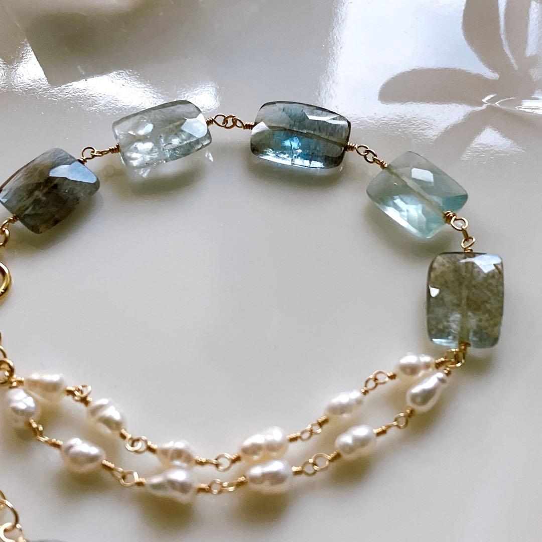 みっちゃん◆レクタングルモスアクアマリン×淡水パールブレスレット