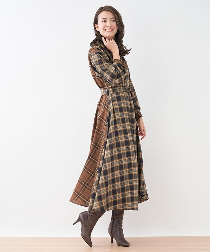 レリアン　チェック　ロングシャツ　ワンピース