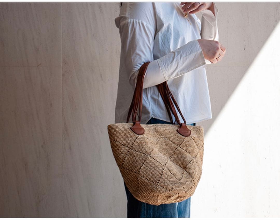 【美品】genten カゴバッグ　ハンドバッグ　ラフィア×牛革　フィオリーレ