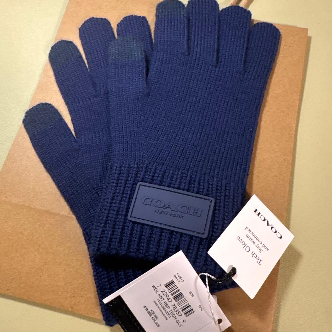 【ハツ】COACH ネイビー ウール手袋 M ニット グローブ・ラバー