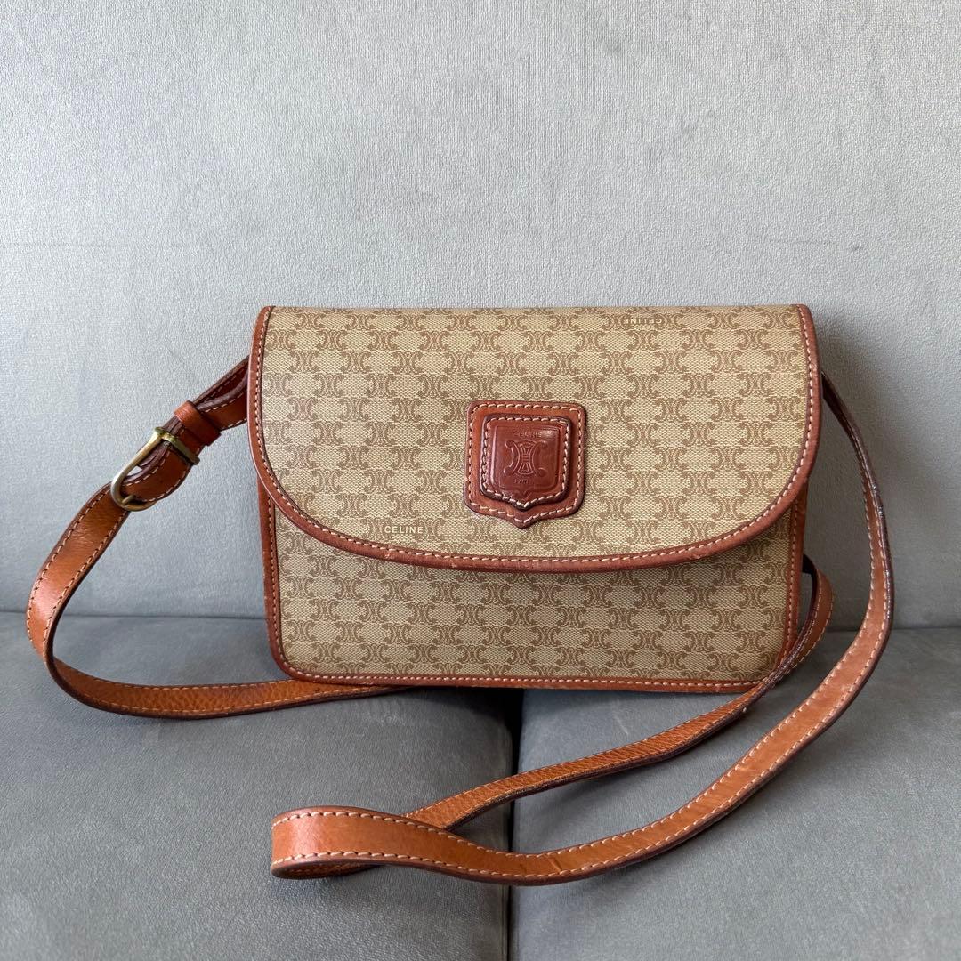 セリーヌ マカダム ショルダーバッグ PVC レザー ポシェット ベージュ