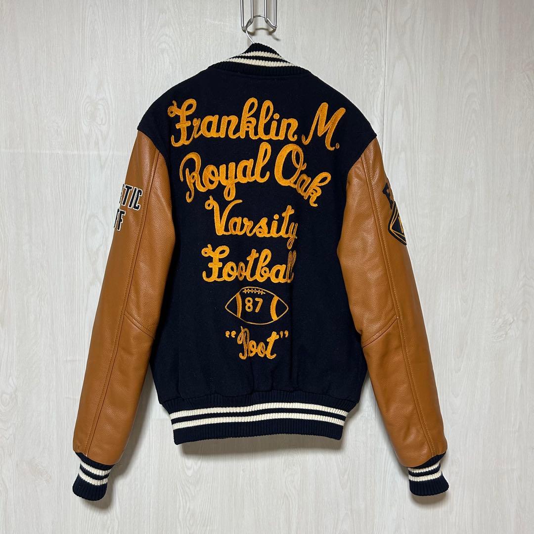 好配色 フランクリン マーシャル 牛革 袖 バック刺繍 スタジャン 紺×茶 M