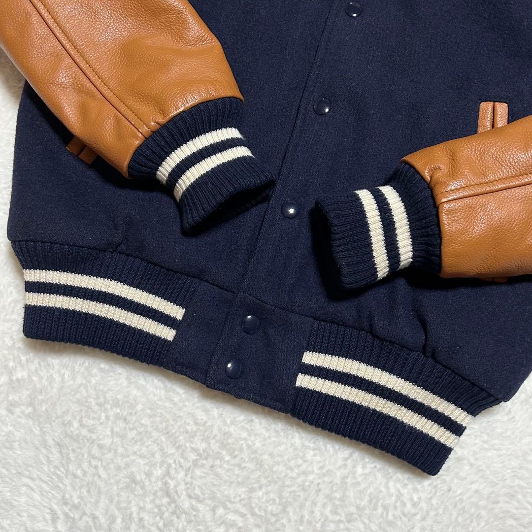 好配色 フランクリン マーシャル 牛革 袖 バック刺繍 スタジャン 紺×茶 M