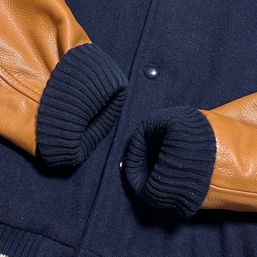 好配色 フランクリン マーシャル 牛革 袖 バック刺繍 スタジャン 紺×茶 M