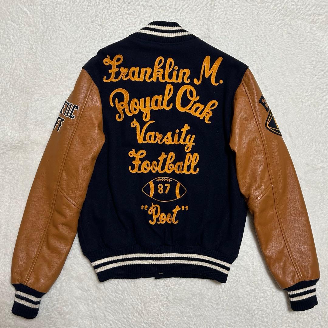 好配色 フランクリン マーシャル 牛革 袖 バック刺繍 スタジャン 紺×茶 M