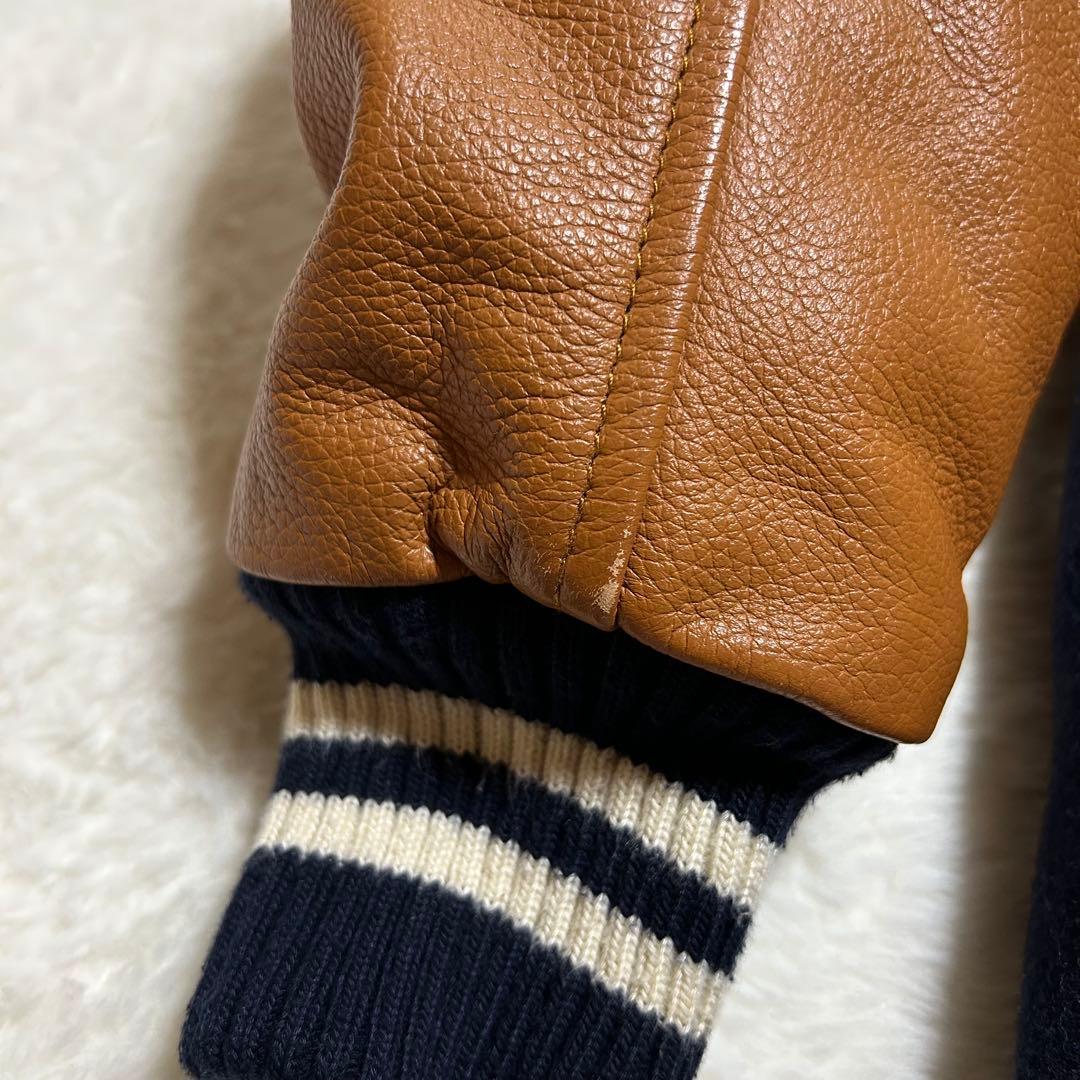 好配色 フランクリン マーシャル 牛革 袖 バック刺繍 スタジャン 紺×茶 M