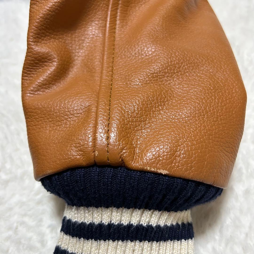 好配色 フランクリン マーシャル 牛革 袖 バック刺繍 スタジャン 紺×茶 M