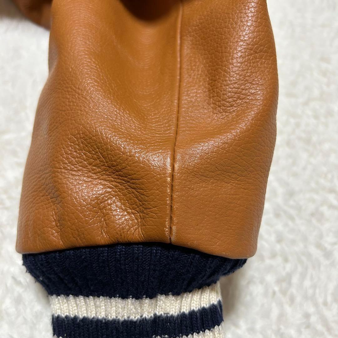 好配色 フランクリン マーシャル 牛革 袖 バック刺繍 スタジャン 紺×茶 M