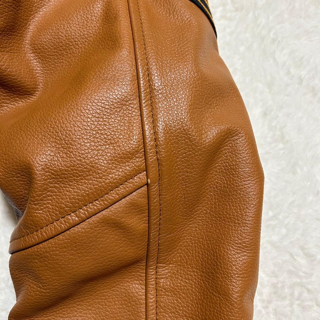 好配色 フランクリン マーシャル 牛革 袖 バック刺繍 スタジャン 紺×茶 M