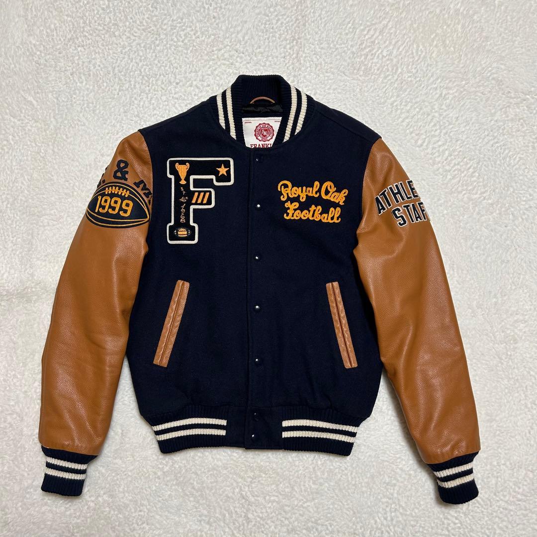 好配色 フランクリン マーシャル 牛革 袖 バック刺繍 スタジャン 紺×茶 M