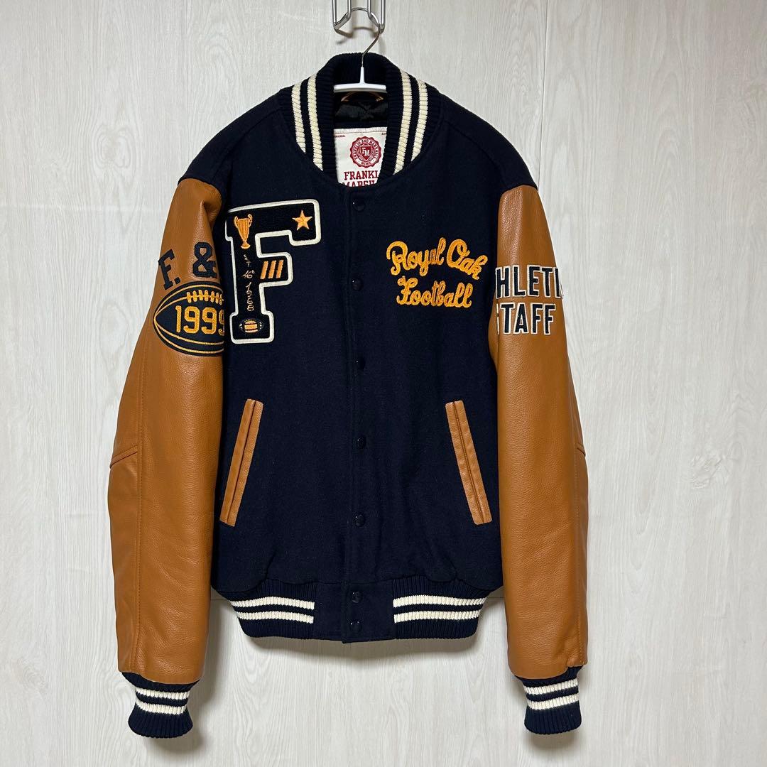 好配色 フランクリン マーシャル 牛革 袖 バック刺繍 スタジャン 紺×茶 M