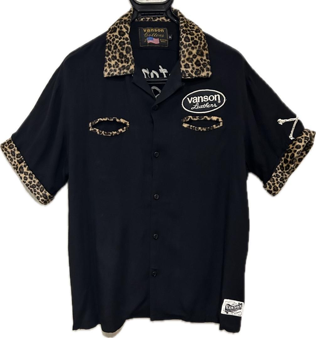＊VANSON レオパード 切替 刺繍 ワッペン 開襟 半袖シャツ XL