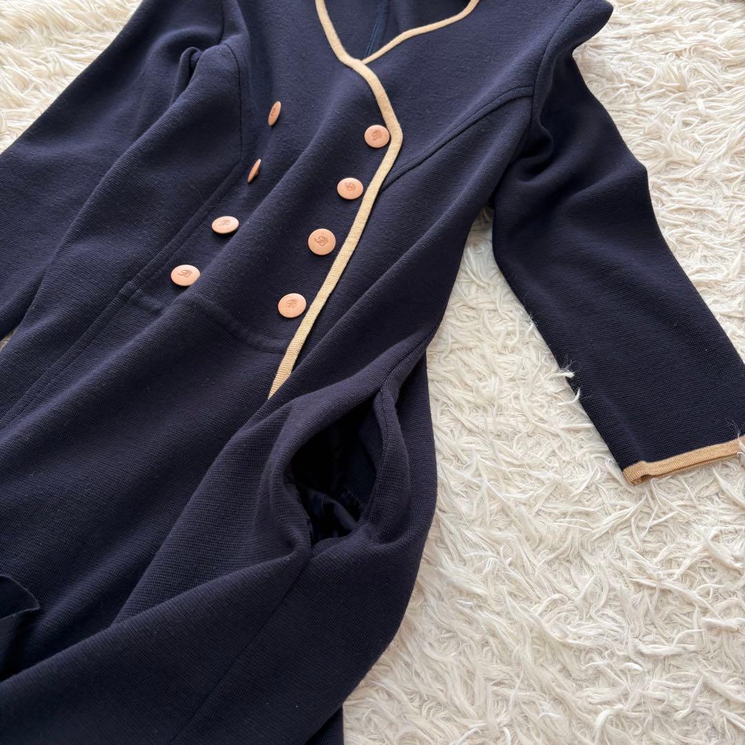 フォクシー　ウール100%ダブルボタンパイピングフレアワンピース　紺　L相当